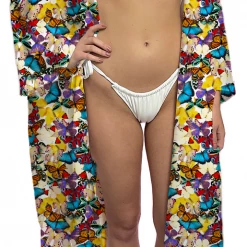 Brittany Allen Multi-Butterfly Satin Open Swim Caftan