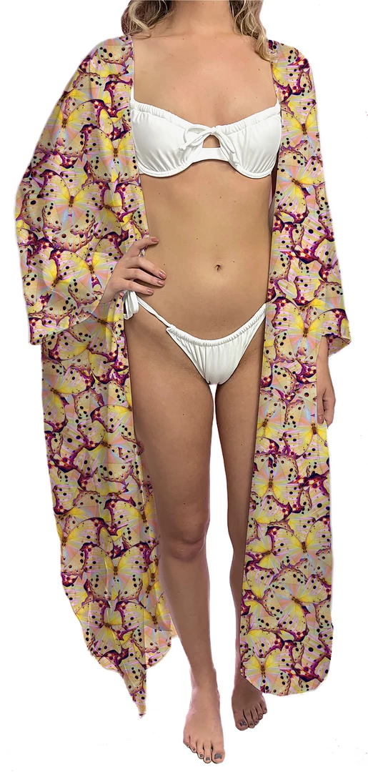 Brittany Allen Pink Butterfly Satin Open Swim Caftan SWIMWEAR 1 Brittany Allen Pink Butterfly Satin Open Swim Caftan SWIMWEAR