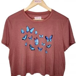 Shop Brittany Allen TEES Blue Butterfly Printed Crop Top