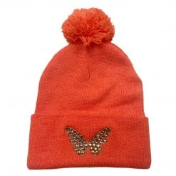 Shop Brittany Allen ACCESSORIES + TOTES Orange Rhinestone Butterfly Pom Pom Beanie