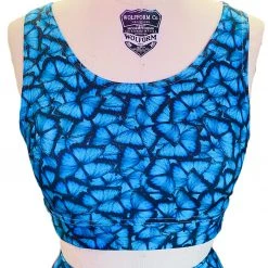 Brittany Allen BRAS Blue Butterfly Scoop Neck Sports Bra